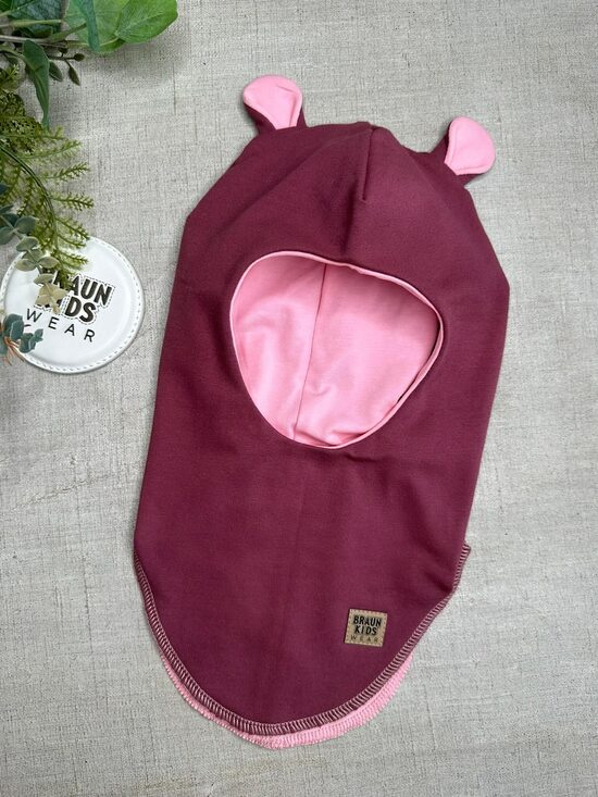 Starpsezonas ķivercepure ar lāča austiņām - Tumši veci rozā ar rozā oderi